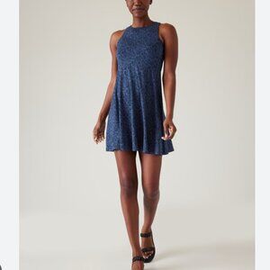 Athleta Navy Blue Santorini Thera Print High Neck Modal Shift Dress Athleisure S
